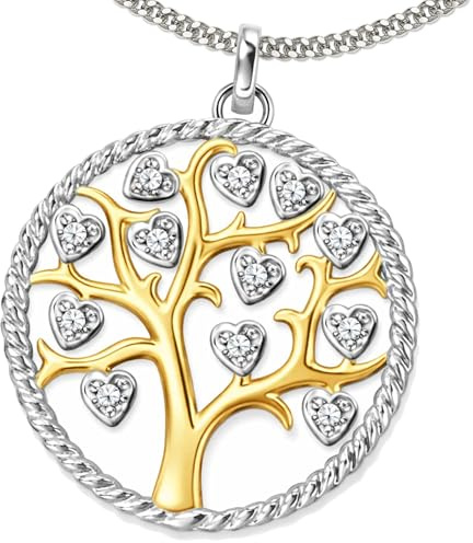 CLEVER SCHMUCK Catenina in maglia groumette con ciondolo a forma di albero della vita, ø 26 mm, parzialmente placcato in oro, con piccoli zirconi a forma di cuoricini, 60 cm, in vero argento Sterling 925