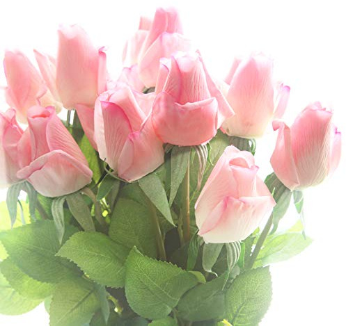 cn-Knight 12pcs Künstliche Rose Blumen,56m Seidenblume mit Blättern and Gel-beschichtete Blütenblätter,für Hochzeit,Brautstrauß,Heimdekoration,Einweihungsgeschenk,Mittelstück,Dunkelrosa