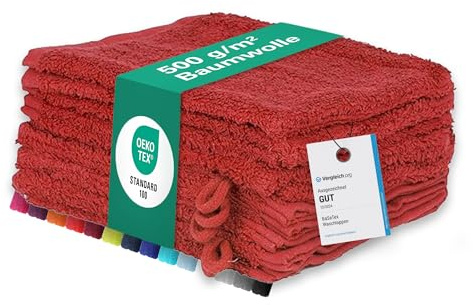 BaSaTex Frottee Waschhandschuhe, 10 Stück, 15x21 cm, Rot | 100% Baumwolle, Made in Green Zertifiziert, Aufhängeschlaufe, Saugstark und Weich
