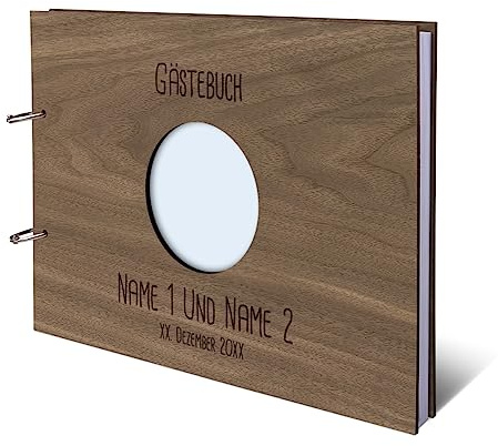 Hochzeit Gästebuch Okoume Holz Gravur individuell Holzcover mit 144 Naturpapier Innenseiten DIN A4 quer 302 x 215 mm - Kreis