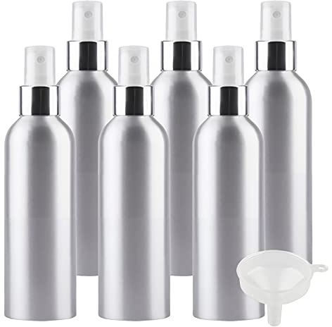 TIANZD 6 Stück Tragbar 200ml Leere Aluminium Sprühflasche mit Weiß/Silber Sprühkopf, 200 ml Feinen Nebel Pumpzerstäuber Aluminium-Flasche Zerstäuberflasche Reise Flasche, 1x Trichter