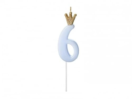 Miss Lovely Geburtstags-Kerze Zahl 6 Kuchen-Stecker Torten-Aufsatz in blau mit Glitzer-Krone in Gold Geburtstagsdekoration für Kuchen Torten Gebäck-Deko Altersangabe Junge Mann Männer Prinz