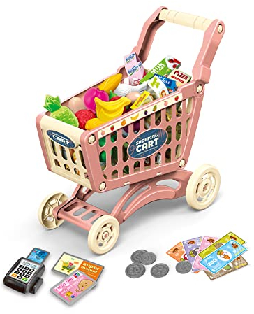 RedCrab Kinder Einkaufswagen Spielset, 54 Stück Kaufladen Zubehör Set, Übergröße Rollenspiel Trolley Cart, Lernspielzeug Geschenk ab 3+ Jahren Junge Mädchen