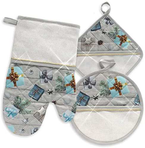 Guantone da Forno e Due presine da ricamare a Punto Croce, Tela Aida, Set Guanto e presine da Forno, Natale, Tessuto natalizio pacchi regalo