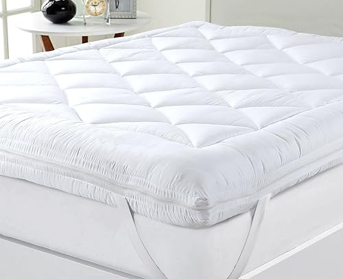 Caroline Shatuik Mattress Topper Double Bed - Dual Layer 4 Inch/10cm Deep Thick Quilted Breathable,Soft Hypoallergenic Double Mattress Topper With Corner Straps(135x190cm)