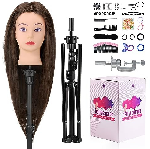 Neverland 26-28 Hairdressing Mannequin Head with Tripod & Clamp, Gold | For cosmetology students to practice braiding & styling at salon or home. Includes tripod stand, table clamp & tool kit.