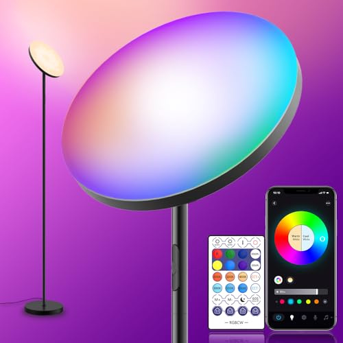 YHW Living Room Floor Lamp, Smart 2000LM Bright Floor LED Lamps, 16 Million RGB Dimmable Color Temperature Standing Tall Lamp with Remote Touch Button, Adjustable Angle Floor Lamp for Bedroom Office.