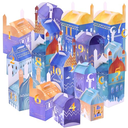 Ramadan Kalender zum Befüllen Yotako 30 Adventskalender Ramadan Geschenkboxen Tüten mit 30 Zahlenaufkleber Mubarak DIY Geschenktüten Kinder Wiederverwendbar Muslimischen Ramadan Deko（Blau und Tiefblau