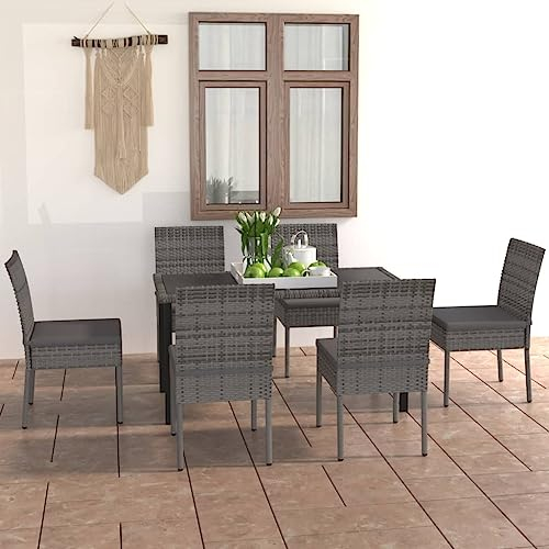 FENLAX 7-TLG. Garten-Essgruppe Poly Rattan Grau Sitzlounge für Draußen Balkonmöbel Bequem Dining Lounge Rattanmöbel Gartenmöbel Set Terassenmöbelset Sitzgruppe Outdoor Möbel （Tisch:140x70x73 cm）