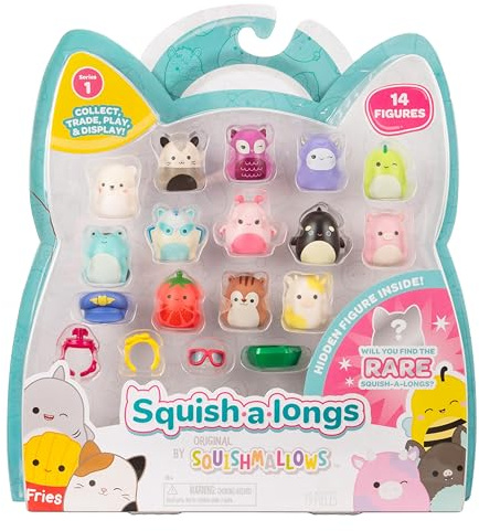 Squish-a-longs Original Squishmallows - Confezione da 14 mini squish da 2,5 cm con 4 accessori, 1 anello e una guida per collezionisti - Colleziona, commercia e gioca