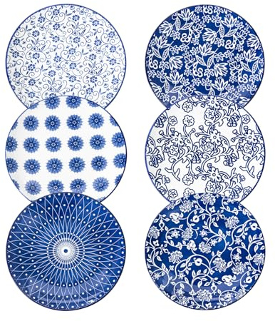 Cerkik Keramik Salatteller Set - 21,6 cm Kleine runde Dessertteller für die Küche Abendessen Pasta Sandwich - Kratzfestes Porzellan Mikrowelle Ofen Spülmaschinenfest - Set von 6 - Vintage Blau