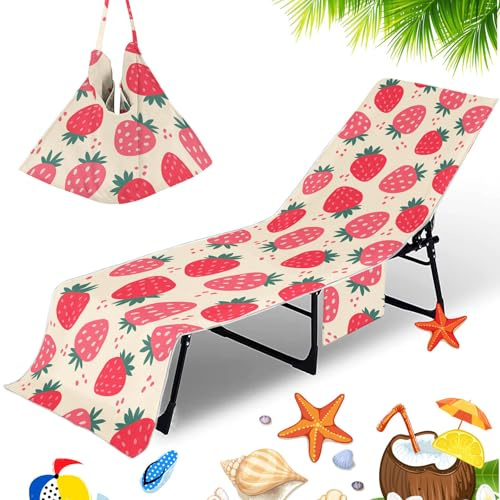 Morbuy Beach Towel with Pockets for Loungers, 3D Fruit Print Sun Beach Lounger Towel Microfiber Beach Chair Cover Towel Fitted Sunbed Towels Quick Dry Sun Lounger Towels (Red Strawberry)