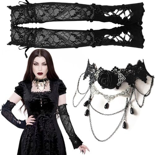 Yueser Guantes de Encaje, Góticos para Mujer Vintage, Choker Floral, Rejilla Negros Largos, Sin Dedos, Elegantes Damas, Cadena de Clavícula, Cosplay