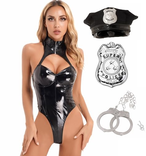 Hedmy Damen Polizei Kostüm Lack Leder Stringbody Body mit Mütze Abzeichen und Handschelle Fasching Kostüm Schwarz M