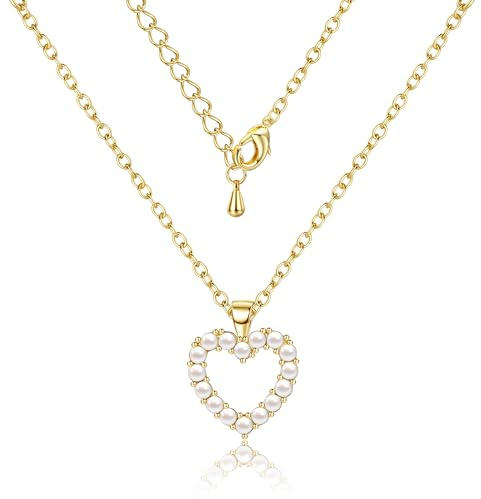 Dochais kette damen herzkette halskette damen gold 14K Gold Vergoldet Kette mit Perlen Herz Anhänger goldkette frauen wasserfest schmuck Geschenke für Frauen Und Mädchen