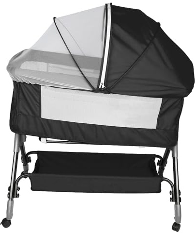 HUOLE 3 in 1 Beistellbett & Babywiege & Reisebett, 4-stufig Höhenverstellbares Babybett, neigbar, Kinderbett, Stubenwagen für Babys bis 25kg belastbar-104 * 52 * 100-110 cm – schwarz