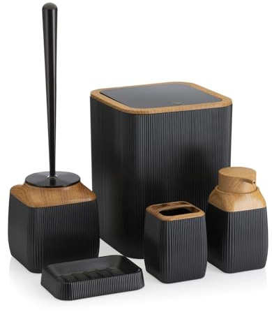 HowHomely Set de escobilla de baño a Rayas Negras con Cubo de Basura para el Cuarto de baño y escobilla de Inodoro Negro con Detalles Marrones, Cubo de Basura de baño y Cepillo de Inodoro, Elegantes