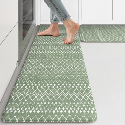 KIMODE Kitchen Mats for Floor Anti Fatigue, Green Boho Kitchen Rugs Sets of 2, Cushioned Kitchen Floor Mats, Comfort Standing Mat for Sink Laundry Office Desk 17x47+17x29