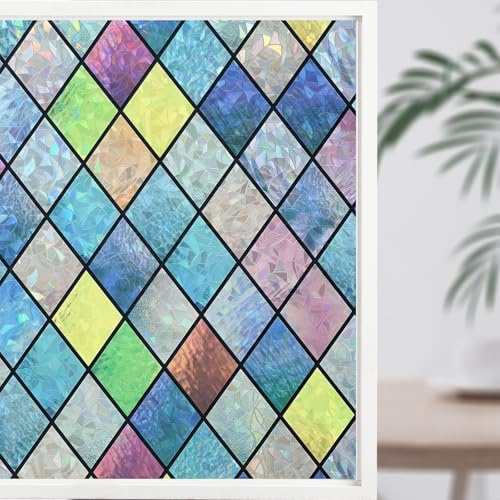 Fensterfolie Blickdicht Selbsthaftend, Statisch Haftend Fenster Bunt, 3D Regenbogen Sichtschutzfolie Fenster, 60 × 200cm ohne Klebstoff Folie Anti-UV Sonnenschutzfolie für Büro Küche Wohnzimmer
