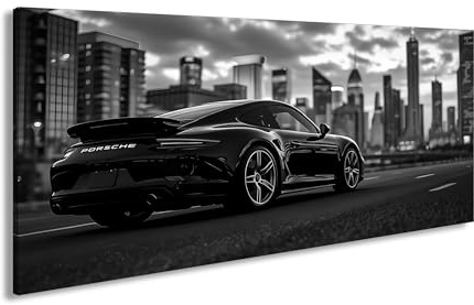 Schwarzer Porsche vor Skyline – elegant, schnell, urban. Panorama 100x50cm Effekt:Schwarz&Weiß XXL Kunstdruck Motiv auf Holzrahmen/Leinwandbild/Wandbild/Wohnzimmer Dekoration