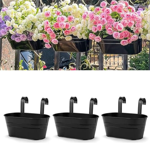 MEETOZ 3Pcs Hanging Flower Pots, 27cm Metal Iron Wall Planter, with Detachable Hook Large Oval Fence Hanging Planters, for Balcony Fence Garden Home Decor, Black