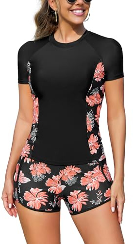 SHEKINI Tvådelad Rashguard för kvinnor, kortärmad, integrerad bh, baddräkt med pojkshorts, snabbtorkande, UV-skydd, simtröja, Svart orange tryck, M