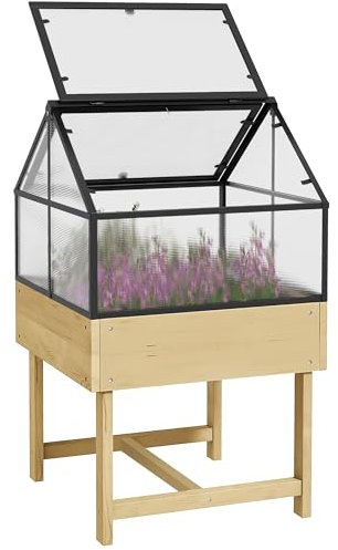 Outsunny Mini Serre sur Pieds, jardinière surélevée, Double Toit ouvrable, avec Panneaux de Polycarbonate, Acier, Bois Massif, 60 x 57 x 103 cm, Naturel