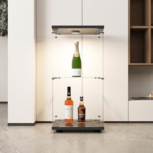 BRILVERDE Glasvitrine Standvitrine,mit LED-Beleuchtung,Modern Vitrine mit 1 Türen,2 Lagen Glas Sammlervitrine,für Wohnzimmer Bar (Schwarz)