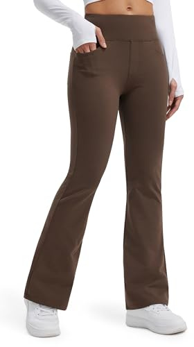 Libin Women's Fleece Lined Flared Leggings Water Resistant High Waisted Thermal Winter Yoga Bootcut Trousers with Pockets 29,Coffee Brown XS