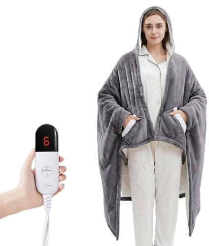 Heated Sherpa Wrap Shawl Hoodie, Electric Throw Blanket With pockets 7 Level Heating & 1-4 Hours Heating Time Settings, Suitable as a gift,40 * 70,Grey