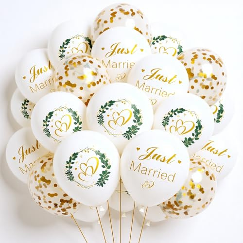 Luftballons Hochzeit Just Married Deko - 50 Stück Weiß Just Married Hochzeitsballons, 12 Zoll Konfetti Ballon Deko Hochzeit für Heiratsantrag Verlobung Brautdusche Hochzeitsdeko