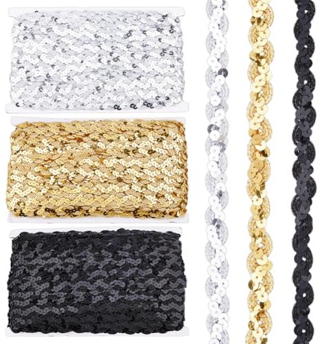 Hobbspring 3 Farben 15m Strassbesatz Band Polyester Mit Metallischen Pailletten Wellenband Gewebte Geflochtene Bordüre Glitzerband Basteln Nähen Kleidung Home Party Deko