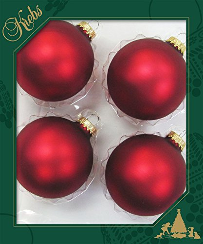 Dekohelden24 Lauschaer Christbaumschmuck - Baumkugeln rot, Tannenbaumkugeln, 4er Set Kugeln Lauscha Uni matt Satin rot, 8 cm, mit goldenem Krönchen + 50 Schnellaufhänger in Gold.