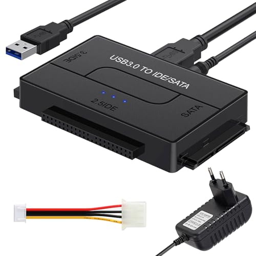 USB 3.0 till SATA IDE adapter, USB 3.0 till IDE/SATA hårddiskar adapter för 2,5/3,5 tums SATA & IDE HDD/SSD, extern hårddiskadapter med USB-kabel, SATAKabel och 12 V/2 A strömförsörjning