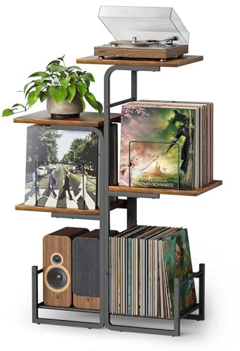 Bikoney Record Player Stand with Large Vinyl Storage, Vintage Turntable Table with LP Record Display Shelf, Planter-Style Vinyl Storage Cabinet for Living Room, Bedroom & Small Spaces