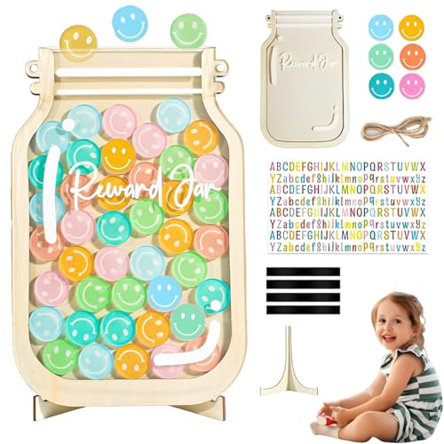 Belohnungsglas, Belohnungssystem, Grundschule Lehrerbedarf, Belohnungsglas Mit 42 Smiley Holzblock, Holzhalter und Buchstabenaufkleber, für Klassenzimmer und Familien