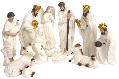 Juego de belén de 11 piezas, figuras tradicionales de pesebre de resina, establo de Navidad con sagrada familia, animales para decoración de interiores y exhibición navideña