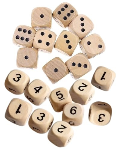 JEXOWIQ Confezione da 20 Dadi da Gioco in Legno 16 mm, dadi da gioco, Dadi da Gioco in Legno Naturale, Giochi di Carte Accessori per Giochi di società, dadi