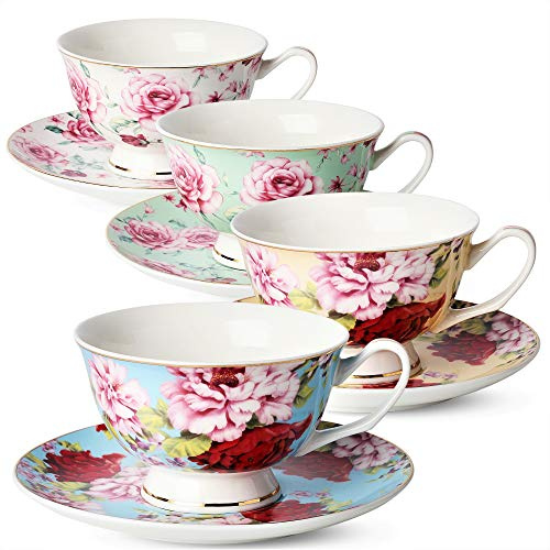BTaT- Floral Tea Cups and Saucers Set of 4 (7 oz), Porcelain Tea Cup Sets, Assorted Colors with Gold Trim, Dishwasher & Freezer Safe, Mothers Day Gift