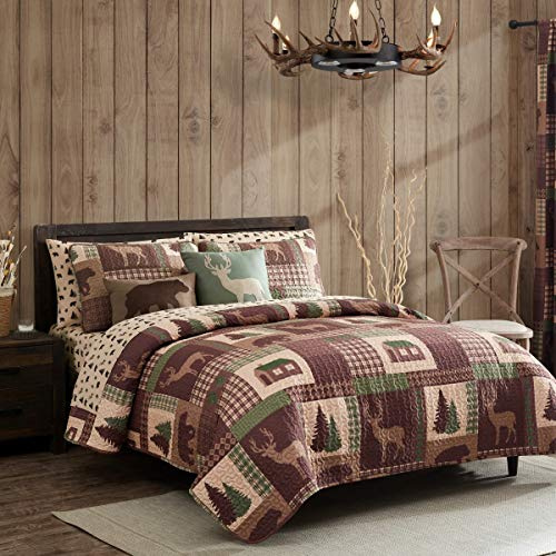 How Plumb Aubrie Home Accents Cozy Cabin 3-Piece King Quilt Bedding Set with Pillow Sham Rustic Patchwork Plaid Deer Coverlet Bedspread, Brown Tan Green