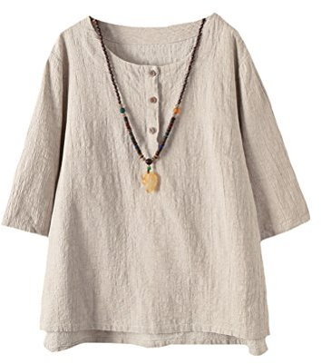 Vogstyle Femmes T-Shirts Coton Lin Chemise Chic Simple Haut Jacquard Tops Tunique Abricot XXL