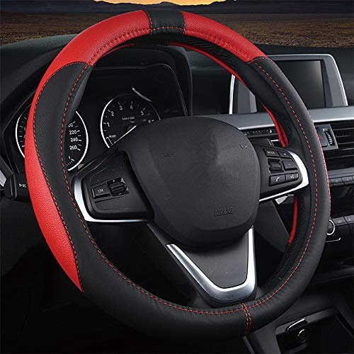 coofig Coprivolante Auto Universale in Pelle PU Copri Volante 37-38 cm Copristerzo Auto Protezione Antiscivolo Traspirante Accessori Interni(Nero rosso)
