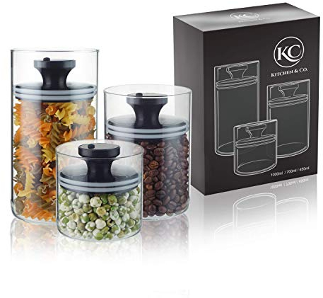 Barattoli con coperchio sottovuoto, contenitore ermetico, contenitore con coperchio, bicchieri a prova di tarme, in vetro, senza BPA, vetro borosilicato, conservazione sostenibile (set da 3)