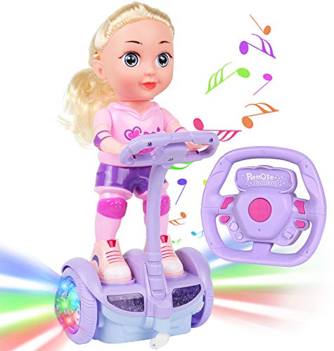 Doll Set with Remote Control Toy Electric Scooter for Kids with LED Lights Music and 360° Rotation