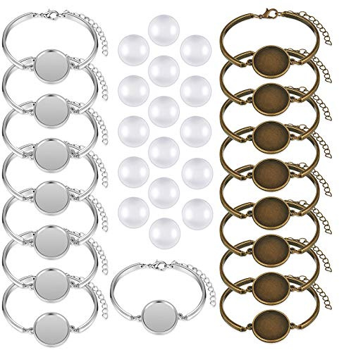 BITEFU 16 Stk Anhänger Tablett, Cabochon Set,mit 20mm Cabochon Rohlingen | Verstellbares Design Lünette Armband für DIY Handwerk, Partys, Geschenke und Schmuckherstellung