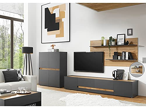 Lomadox Moderne TV-Wohnwand in anthrazit mit Absetzungen in Wotan Eiche Nb., B/H/T: ca. 360/180/45 cm