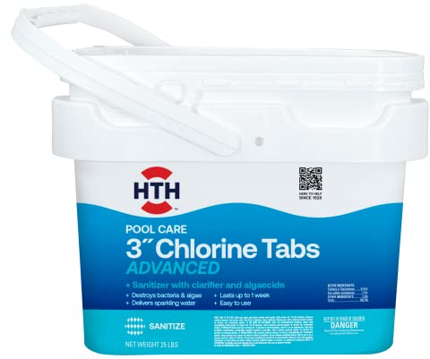 HTH 42055 Pool Care 3 Chlorine Tabs Advanced, Swimming Pool Sanitizer with Clarifier & Algaecide - Destroys Bacteria & Algae, Delivers Crystal Clear Water All Season, Slow Dissolving, 25 lbs