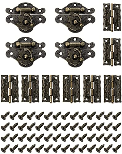 QWORK 4 Sets Antike Dekorative Haspe, Retro Haspen Riegel, dekorativer Holzschmuck, Vintage Scharnier mit 8 Scharnieren und 56 Schrauben