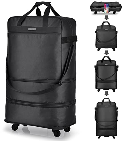 Hanke Borsa da viaggio pieghevole con ruote 50L-70L-90L espandibile impermeabile bagagli per trasloco, Versione Black Upgrade