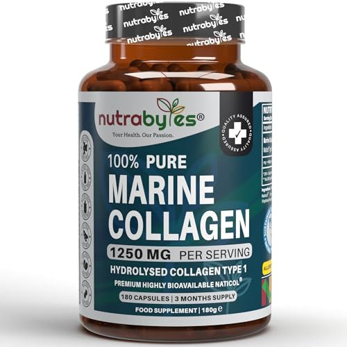 Nutrabytes 100% Pure Marine Collagen Supplement, 1,250mg (180 Capsules) | Type 1 Hydrolysed Peptides for Skin, Hair, Nail, Joint & Bone Health | Premium Highly Bioavailable Naticol | 3 Month Supply